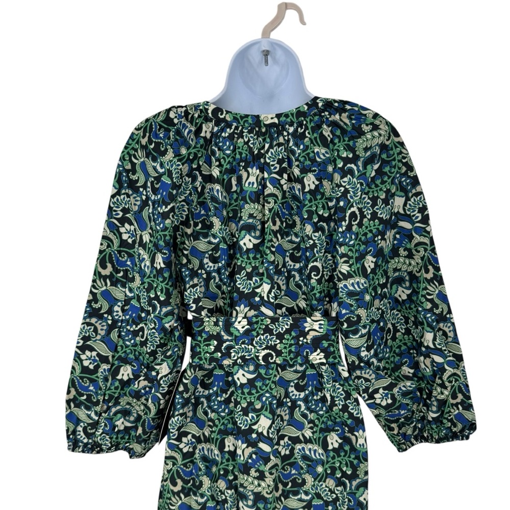 Tuckernuck NEW Batik Floral Lyles Green Blue Puff Sleeve Belted Midi Dress M - Picture 9 of 12